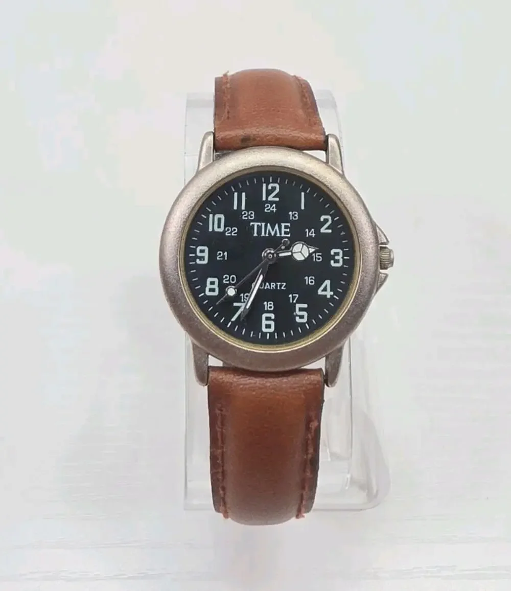 Time Military Dial Silver Tone Quartz Brown Leather Band Watch New Battery W279